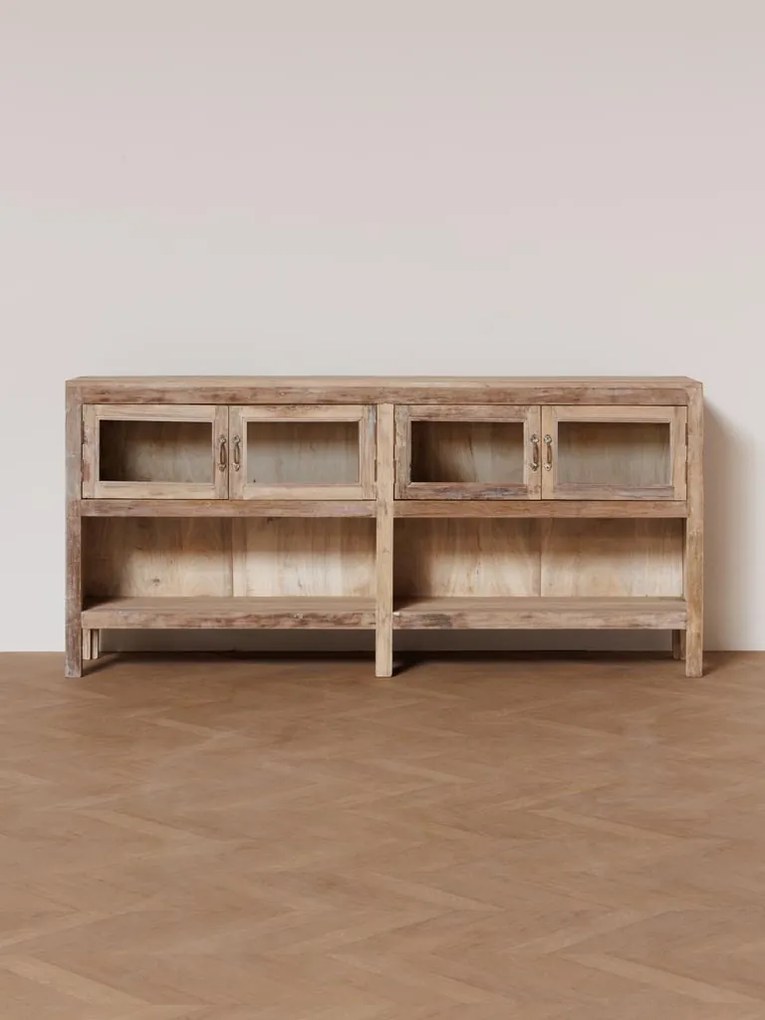 Bufet din lemn reciclat, natur, cu 4 uși vitrate și rafturi deschise, aspect rustic, finisaj natural, 89 x 192 x 34 cm, „Pinot”