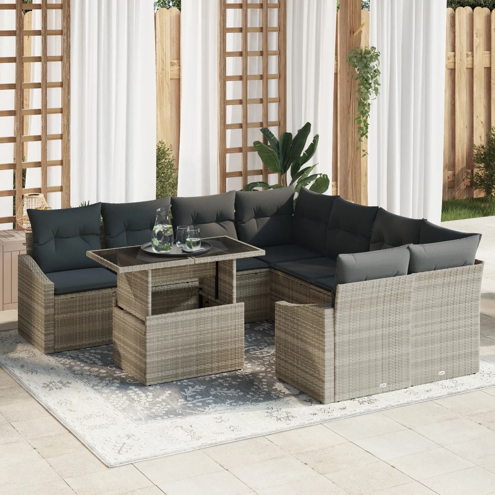 vidaXL Set de canapea de grădină 9 piese cu perne, gri deschis, din ratan sintetic