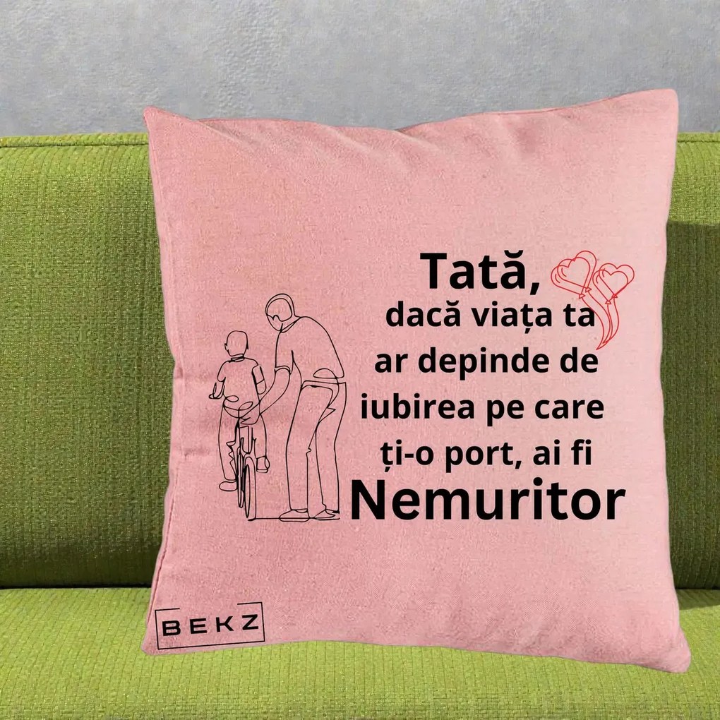 Cadou pentru Tata - Perna Personalizata Tata Nemuritor Bicicleta, 40x40 cm, Roz, Husa Detasabila, Perna Inclusa, BEKZ®