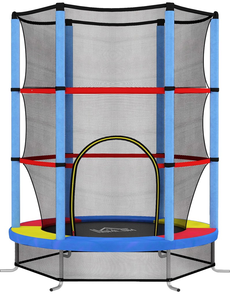 HOMCOM Saltea Elastică pentru Copii 3-6 Ani cu Plasă de Protecție, 6 Stâlpi și 3 Intrări, Ø140x190 cm, Multicolor | Aosom Romania