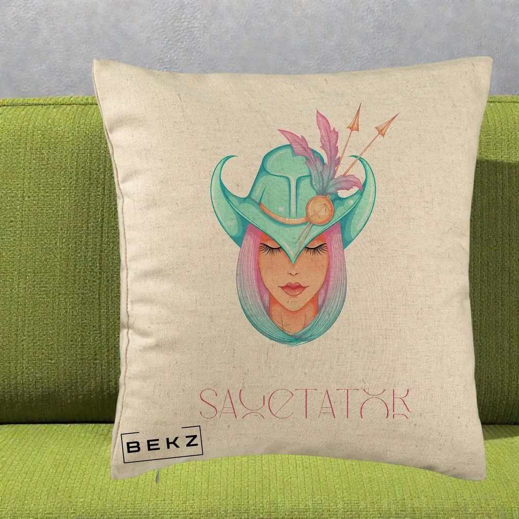 Perna Personalizata Zodiac Sagetator Cowgirl, 40x40 cm, Bej, Husa Detasabila, Perna Inclusa, BEKZ®