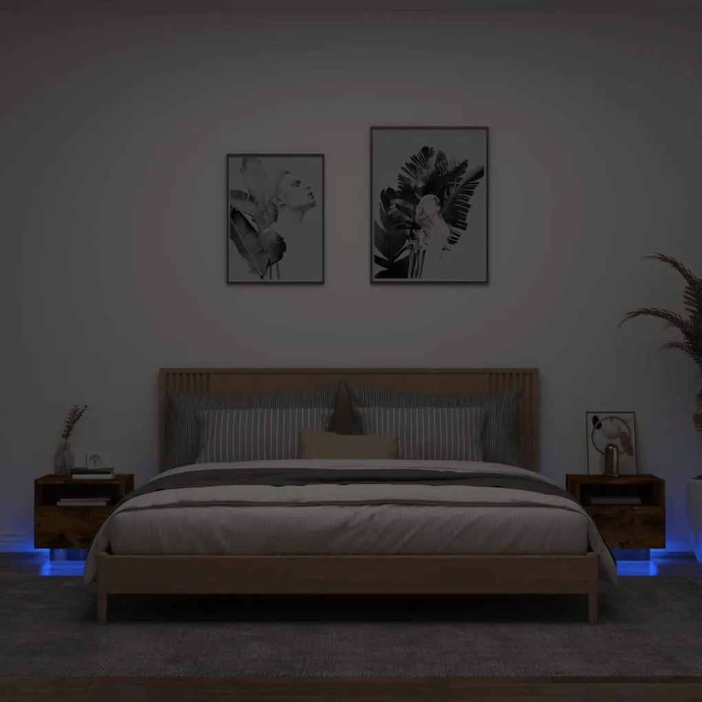 vidaXL Noptiere cu lumini LED, 2 buc., stejar fumuriu, 40x39x37 cm