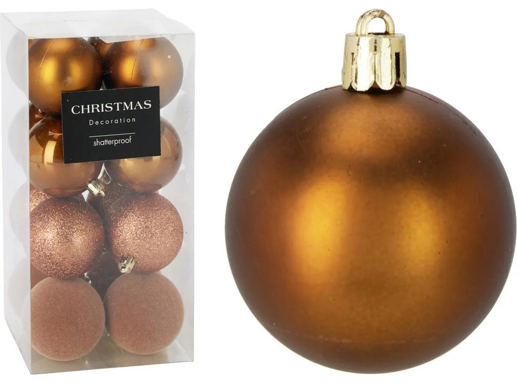 Set de 16 ornamente de Crăciun Festive Sparkles,auriu maro, diametru 6 cm, plastic