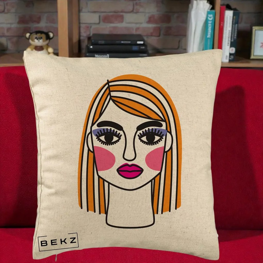 Perna Decorativa Portret Pop Art Fata, 40x40 cm, Bej, Husa Detasabila, Perna Inclusa, BEKZ®