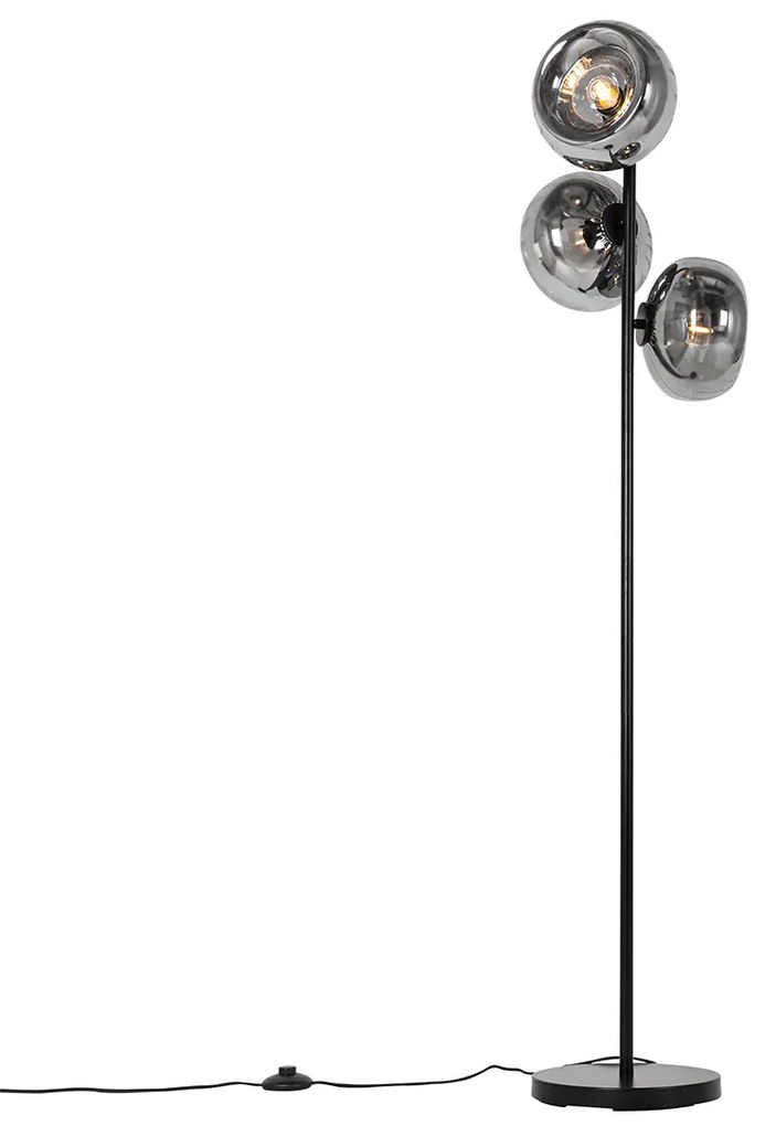 Lampă de podea Art Deco neagră cu sticlă fumurie cu 3 lumini - Ayesha