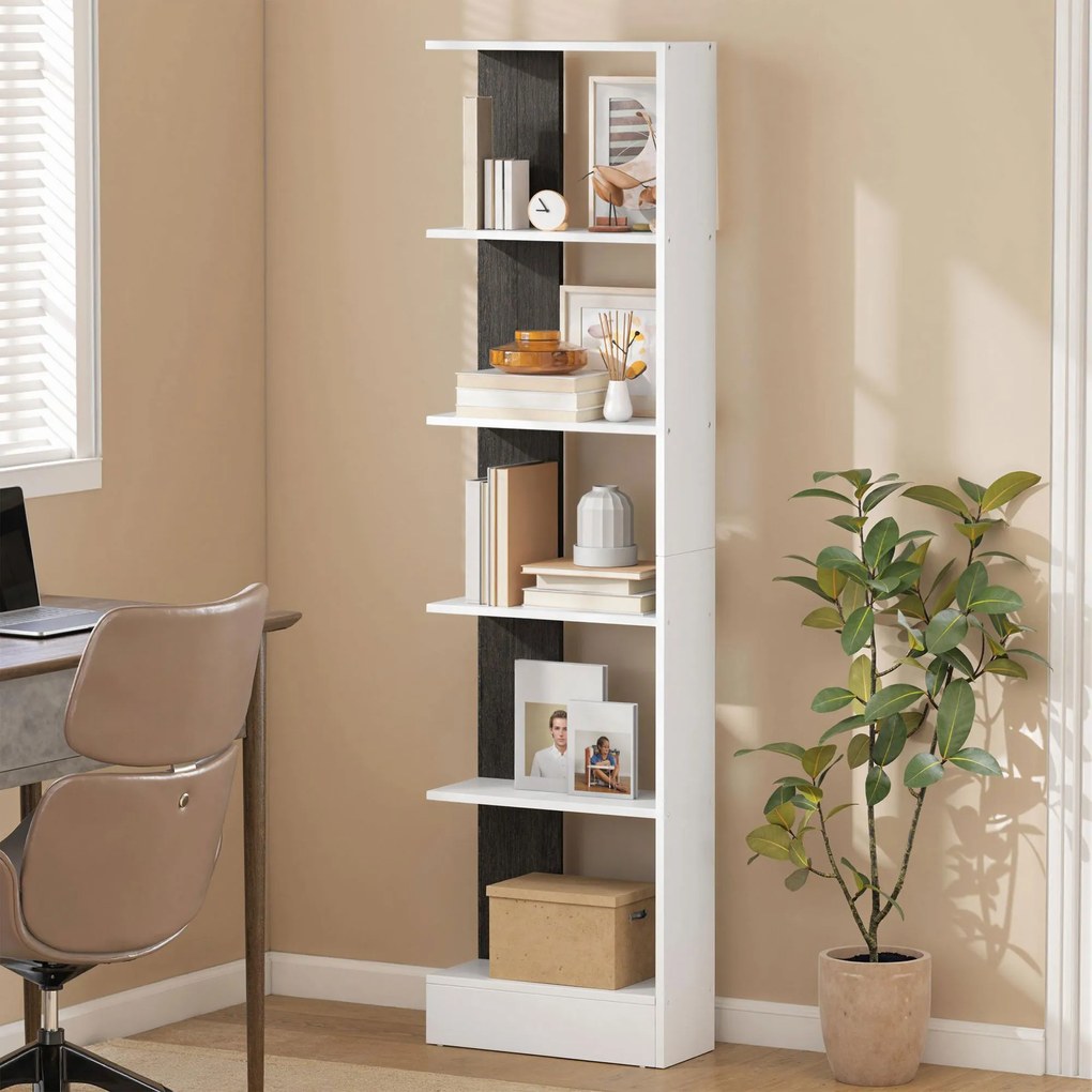 HOMCOM Raft Îngust cu 5 Etajere, Raft Economisitor de Spațiu Modern din Lemn, Bibliotecă pentru Baie, Living, Dormitor, Birou, 45x21x170 cm, Alb și Negru | Aosom Romania