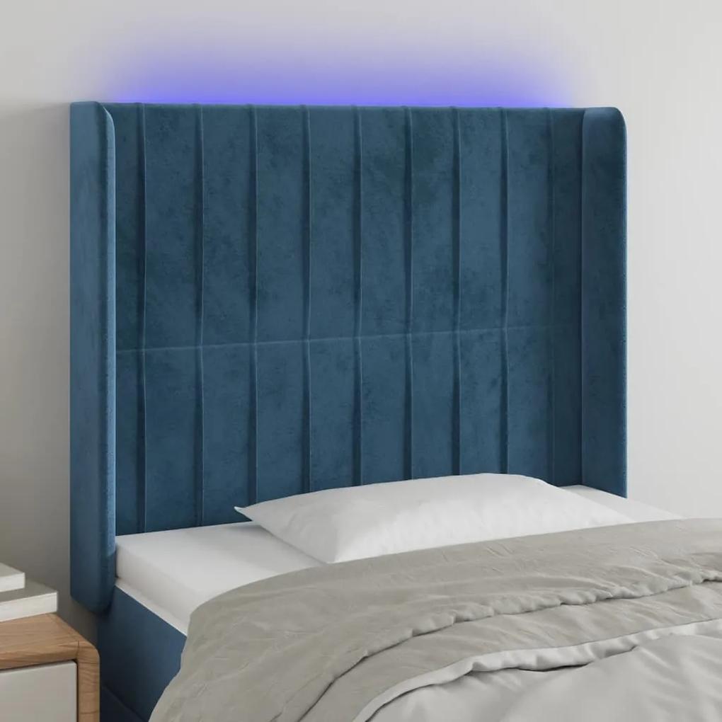 3124320 vidaXL Tăblie de pat cu LED, albastru închis, 83x16x118/128cm, catifea