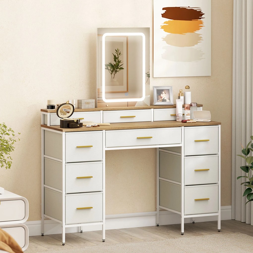 HOMCOM Masă de toaletă cu oglindă și lumini LED 3 culori, masă de machiaj 10 sertare din material textil, 118,5 x 39,5 x 140 cm natural | Aosom Romania