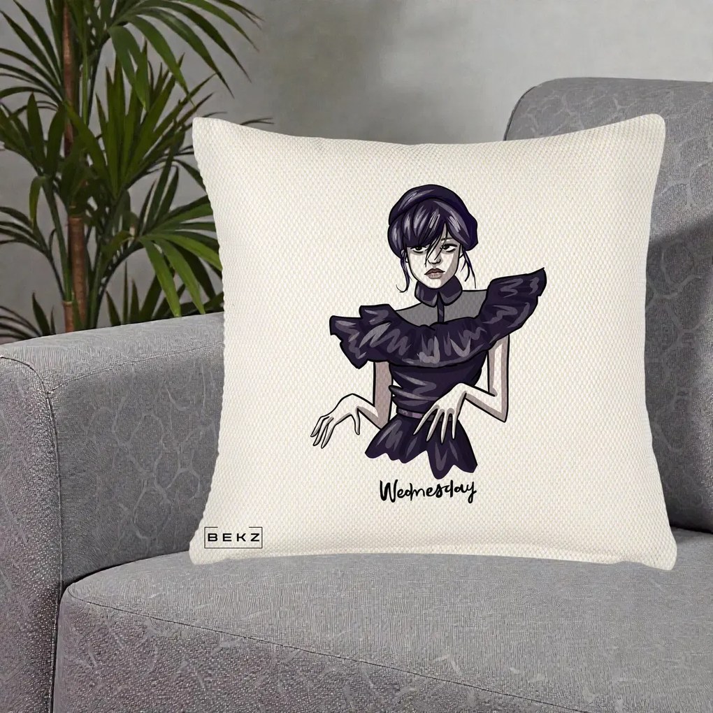 Perna Personalizata Wednesday Addams Dans Gotic, 40x40 cm, Crem Reliefat, Husa Detasabila, Perna Inclusa, BEKZ®