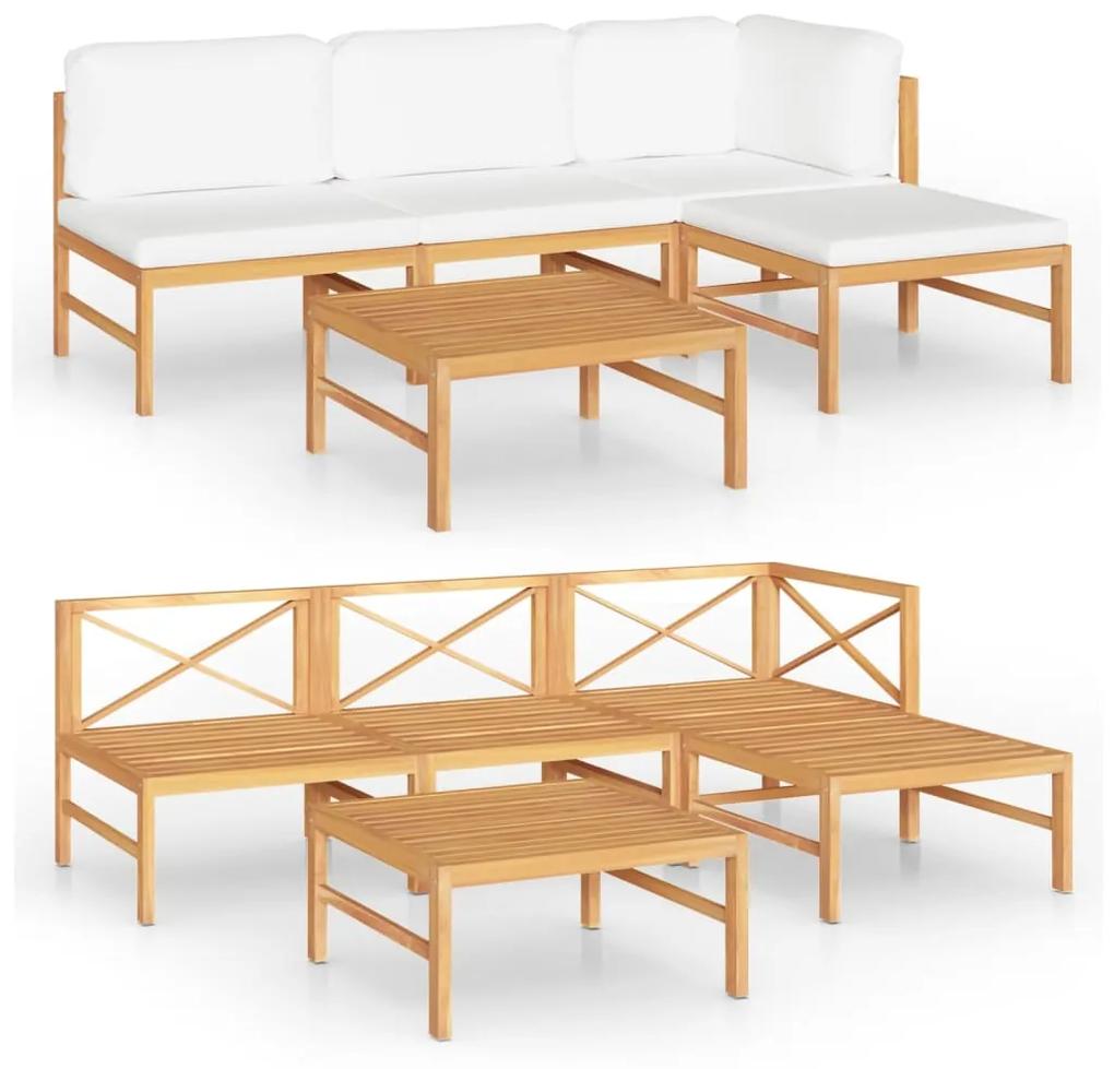Set mobilier gradina cu perne crem, 5 piese, lemn masiv de tec Crem, colt + 2x mijloc + suport pentru picioare + masa, 1