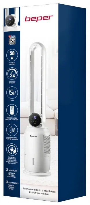 Resigilat: Racitor de aer tip coloana Beper P206RAF300, 65 W, 3 viteze, 2 L, Ionizare, LED, Afisaj tactil, Alb