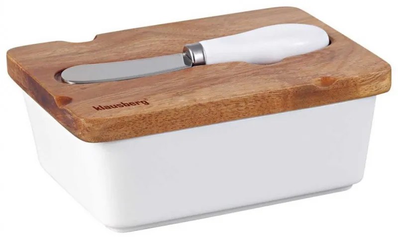 Cutie ceramica si cutit pentru unt Klausberg KB 7785, Capac lemn de salcam, Otel inoxidabil, Alb/Maro