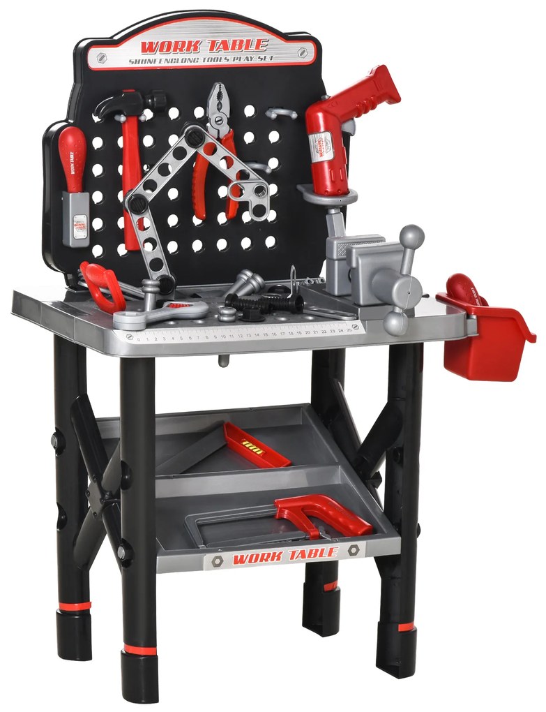 HOMCOM Banc de Lucru Jucarie cu 50 Accesorii, Unelte pentru Copii 3-6 Ani cu Bormasina cu Baterie, Negru Gri