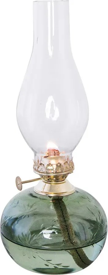 Lampă vintage cu petrol din sticlă verde smarald cu flori gravate și arzător alamă, „Kerosene Oval Flower"
