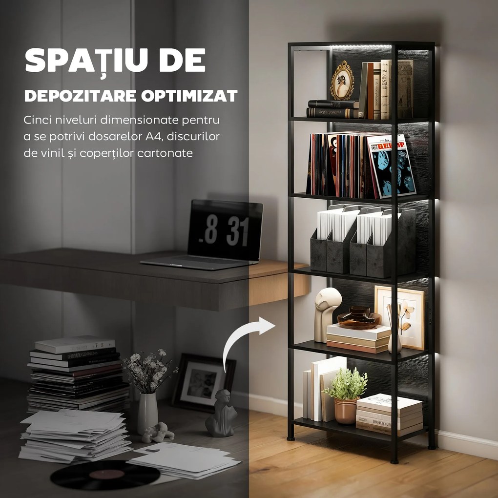 HOMCOM Bibliotecă cu 5 Rafturi, Verticală cu Iluminare LED în 7 Culori, Economisire Spațiu pentru Living, Dormitor și Birou, 60x30x179 cm, Negru | Aosom Romania