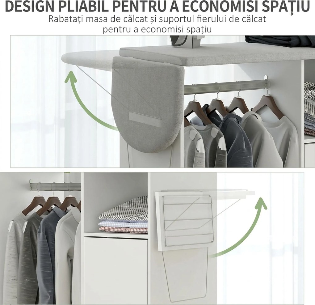 HOMCOM Dulap Multifuncțional cu Masă de Călcat | Blat din Tesatura Efect In | 3 Rafturi | Ghidaj pentru Agățat | 127x42.5x99 cm | Alb | Aosom Romania