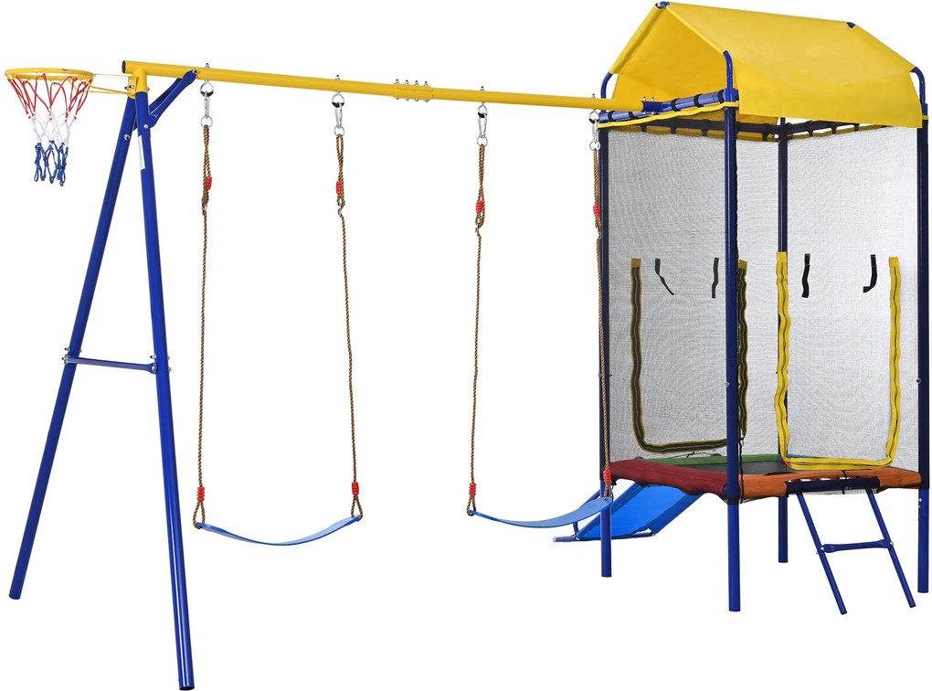 Dispozitiv multifuncțional 4-în-1 pentru exterior pentru copii, trambulină cu plasă de siguranță, pentru 3–8 ani, 336x217x238 cm, Multicolor