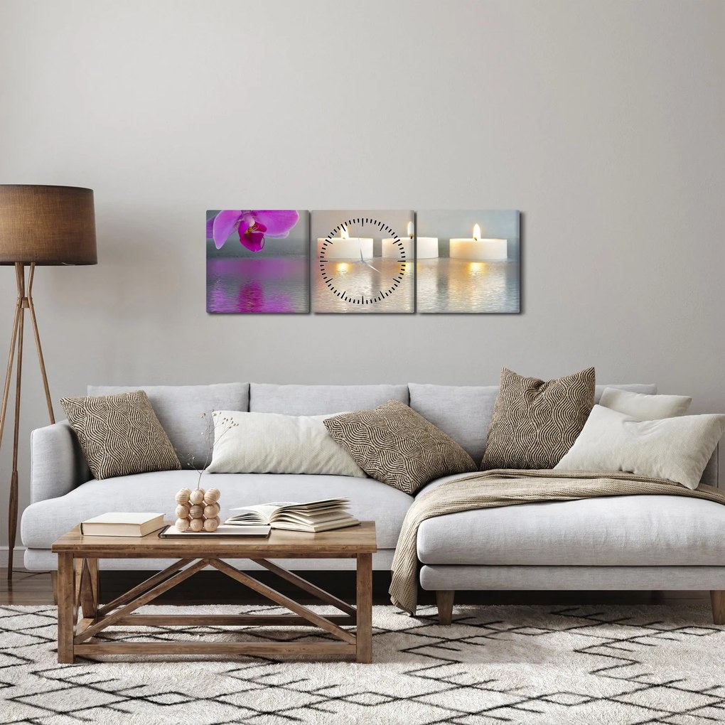 Tablou cu lumânări pe apă (cu ceas) (90x30 cm)