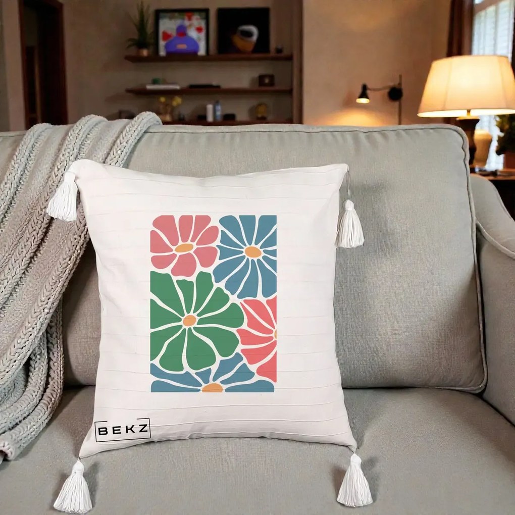 Perna Decorativa Flori Grafice Verde-Roz-Albastru, 40x40 cm, Bej cu Franjuri, Husa Detasabila, Perna Inclusa, BEKZ®