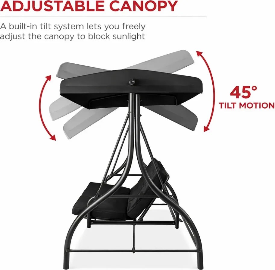 Leagan de grădină, șezlong tip pat, 3 locuri, copertina reglabila, cadru otel, 194x120x173 cm, Negru