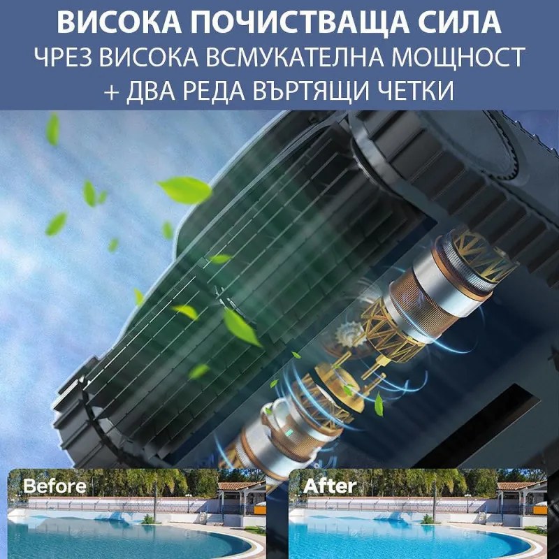 Robot fara fir pentru piscine Wybot M1, 120 W, 300 min, 400 m², Filtrare dubla, 2 randuri de perii, Planificare a traseului, Giroscop, Negru