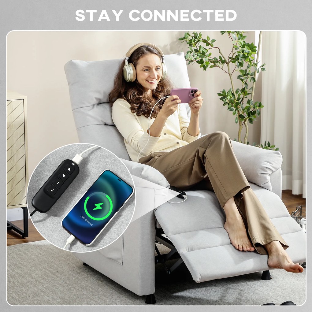 HOMCOM Fotoliu Relaxant Electric cu Masaj și Încălzire și Suport pentru Picioare, Silențios, Fotoliu Reclinabil 150° în Catifea Prietenoasă cu Animalele cu Funcție de Memorare, 2 Telecomenzi pentru Sufragerie, Gri Deschis | Aosom Romania