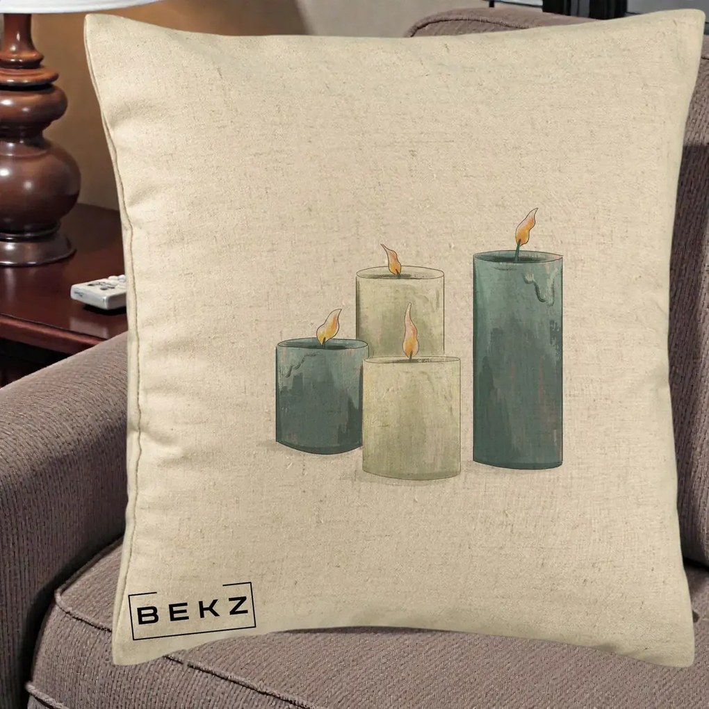 Perna Decorativa Lumanari Hygge Alb-Verde, 40x40 cm, Bej, Husa Detasabila, Perna Inclusa, BEKZ®