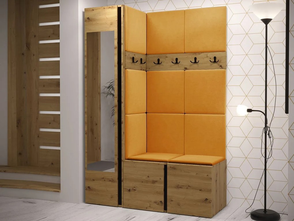 Mobilier hol Tovenaz X (Stejar artisan + Negru + Galben) (cu oglindă). 1104798