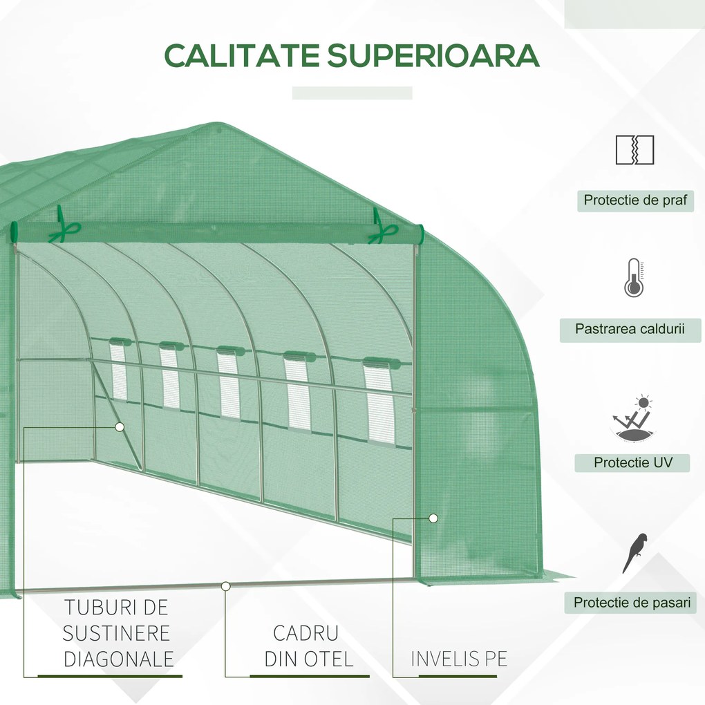 Outsunny Sera gradina, tip tunel, sera pentru plante, legume, fructe si structura din otel, Verde | AOSOM RO