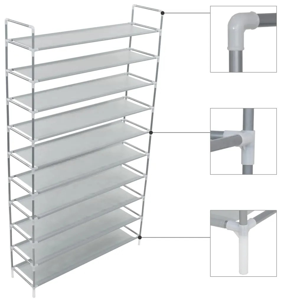 vidaXL Raft încălțăminte 10 etajere, metal și textil nețesut, argintiu