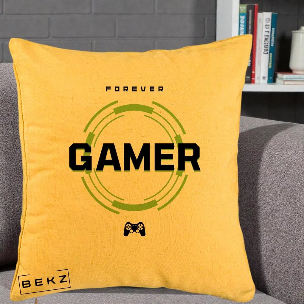 Perna Personalizata Forever Gamer, 40x40 cm, Galben, Husa Detasabila, Perna Inclusa, BEKZ®