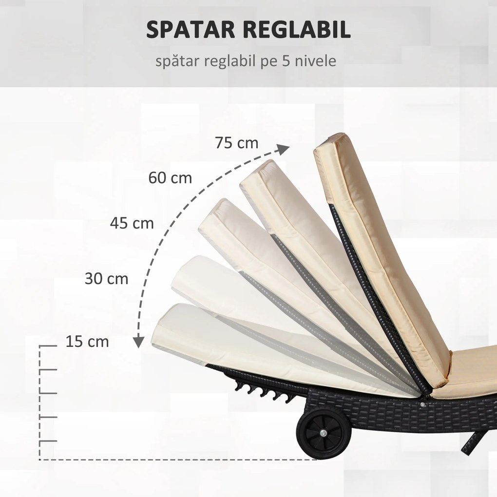 Outsunny Șezlong de Grădină din Ratan PE Negru cu Spătar Reglabil și Pernă Captușită pentru Relaxare Optimală 207x70x70cm | Aosom Romania