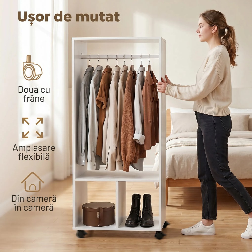 HOMCOM Cuier cu Bară din Aluminiu și 2 Rafturi Deschise, 60x40x128 cm, Alb | Aosom Romania