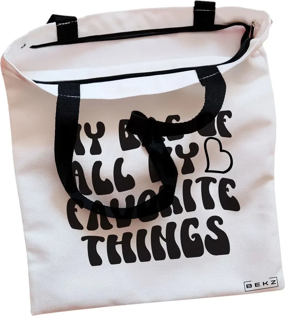 Sacosa de Panza pentru Cumparaturi, Geanta Tote, model My bag of all my favorite things, Cu fermoar, 38x34.5 cm, Alba, BEKZ®
