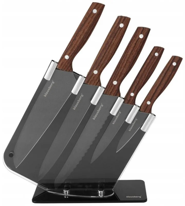 Set de cuțite cu suport Klausberg KB 7616, 6 piese, oțel inoxidabil, maro/gri