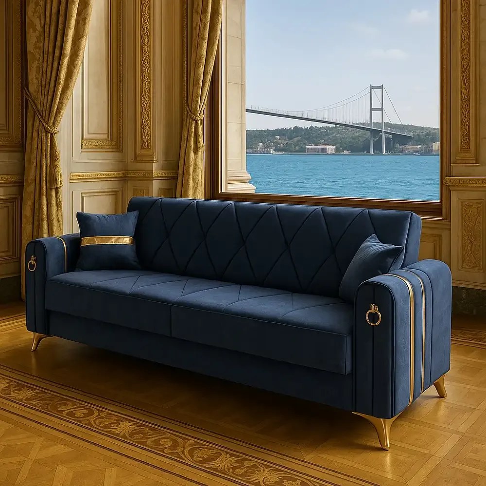 Canapea extensibila cu lada de depozitare 220x87x93 cm ,albastru, detalii aurii –Camara