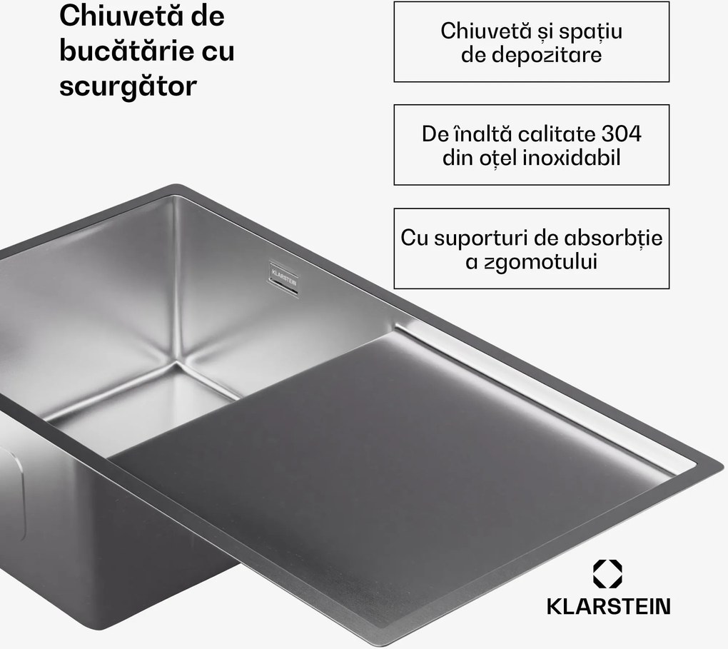 Klarstein Chiuvetă de bucătărie TitanSteel cu scurgere, 79 x 44 cm, oțel inoxidabil, rezistent la zgârieturi, rezistent la căldură