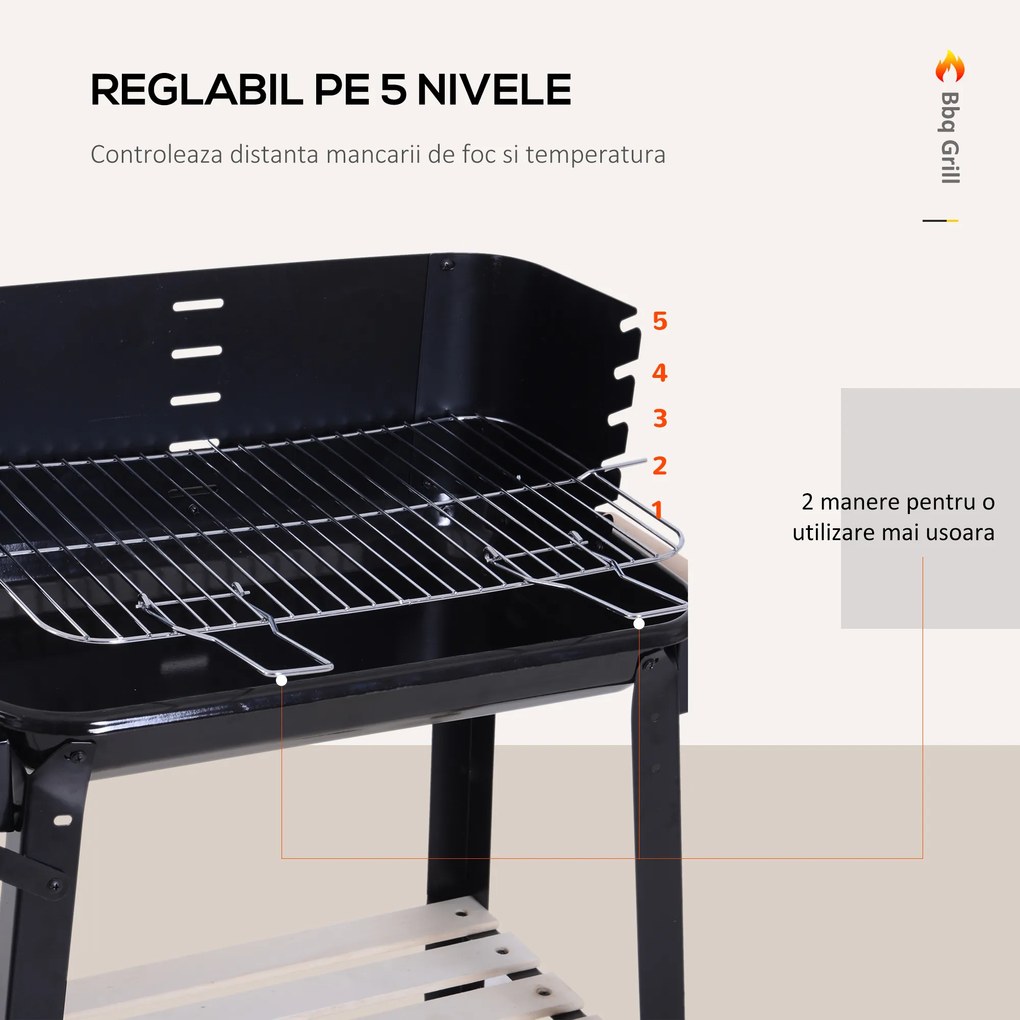 Outsunny Gril cu Carbune Barbecue Picnic Inaltime Reglabila Negru 87x 45 x 83 cm | Aosom Romania