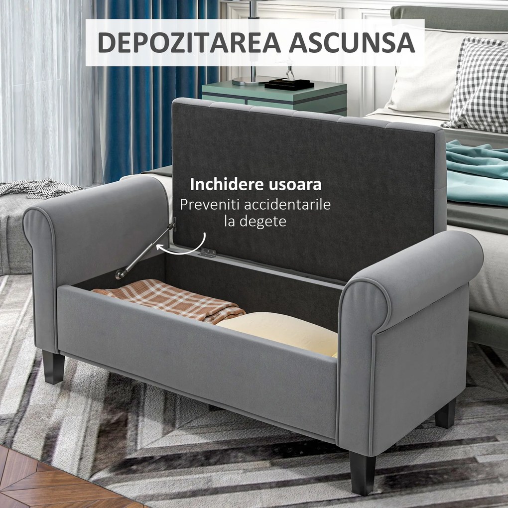 HOMCOM Bancă de Hol, Material Efect Catifea, Spațiu Depozitare, Cotiere Rulate, Design Modern, 126x48.5x57 cm, Gri | Aosom Romania