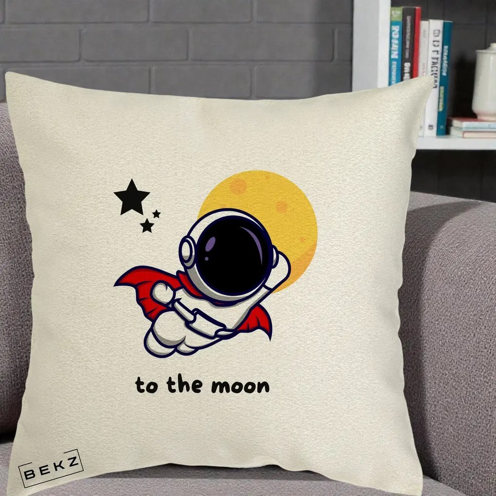 Perna Decorativa Astronaut To The Moon, 40x40 cm, Ecru, Husa Detasabila, Perna Inclusa, BEKZ®