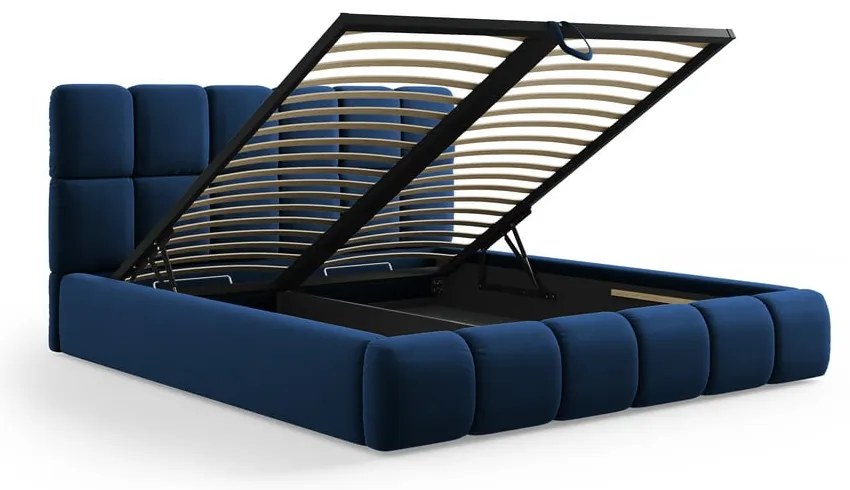 Pat matrimonial albastru închis tapițat din catifea cu spațiu de depozitare cu somieră 140x200 cm Bellis – Micadoni