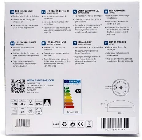 Aigostar - Plafonieră LED cu senzor, 12 W, 230 V, 3000 K, Ø 28 cm