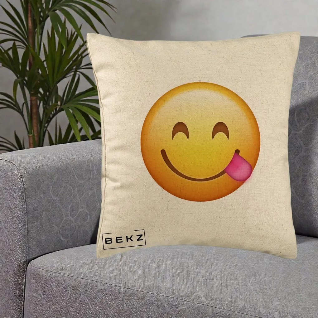 Perna Decorativa Emoji Limba Scoasa, 40x40 cm, Bej, Husa Detasabila, Perna Inclusa, BEKZ®