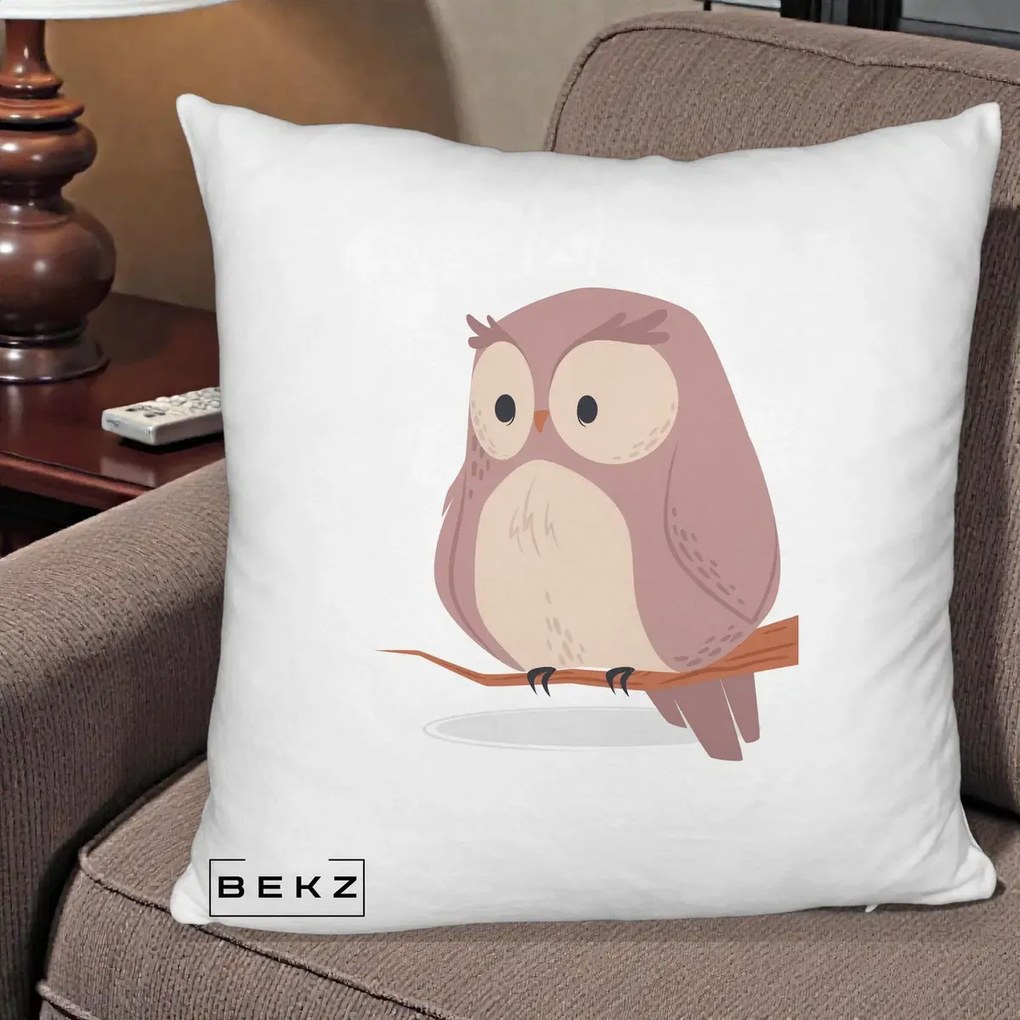 Perna Decorativa Bufnita Kawaii pe Creanga, 40x40 cm, Alb Pufos, Husa Detasabila, Perna Inclusa, BEKZ®