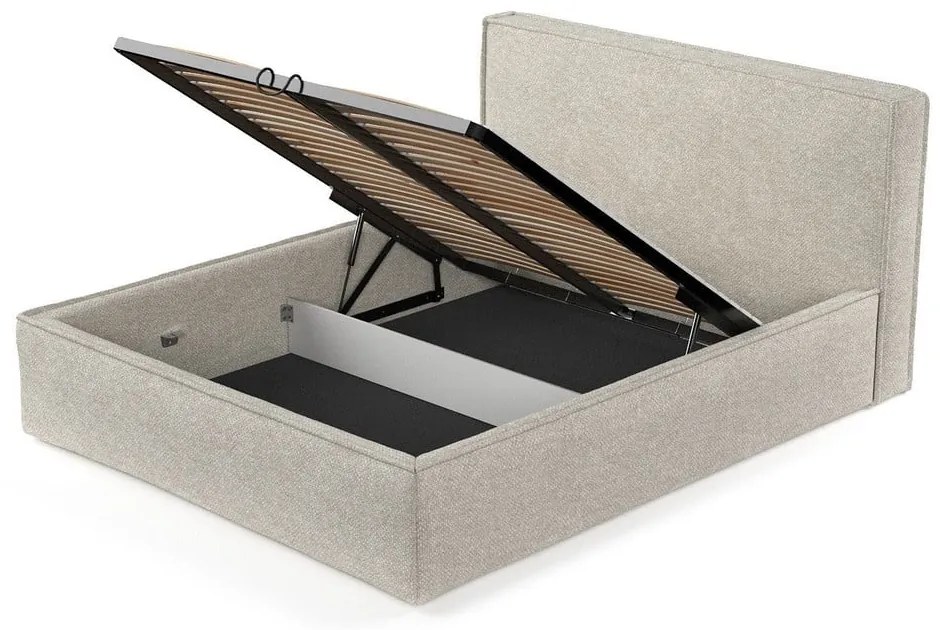 Pat matrimonial gri deschis tapițat cu spațiu de depozitare cu somieră 180x200 cm Lounge L – Maison de Rêve