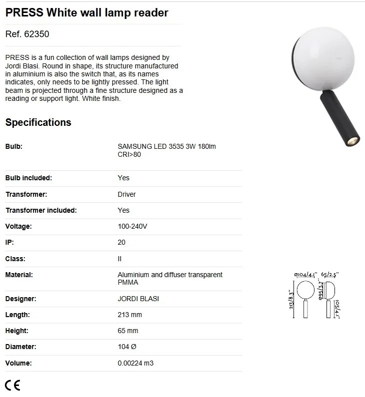 Aplica cu reader LED stil modern minimalist PRESS White
