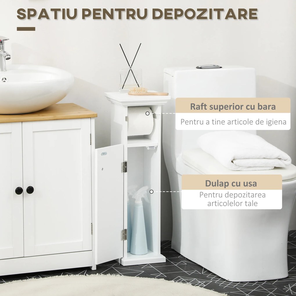 Kleankin Dulap Baie cu Suport Hârtie Igienică MDF 21.5x17.8x66.5cm Alb | Aosom Romania