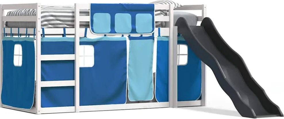 vidaXL Pat supraetajat cu tobogan și perdele, albastru, 90x190 cm