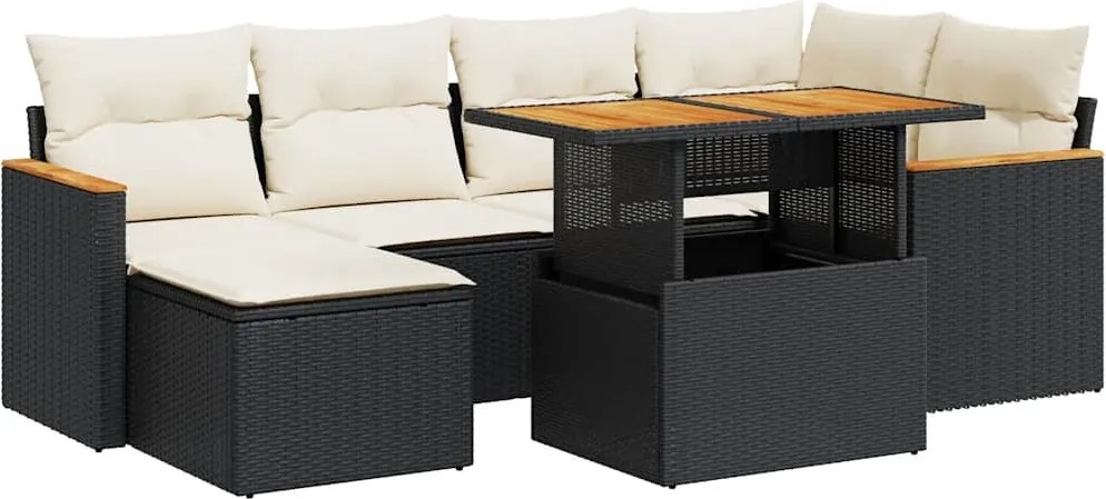 vidaXL Set canapele grădină perne 7 piese negru, poliratan/lemn acacia