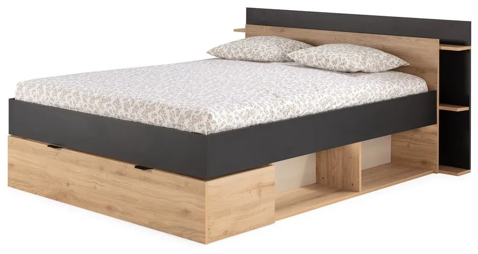 Pat matrimonial negru/în culoare naturală cu aspect de lemn de stejar cu spațiu de depozitare fără somieră 160x200 cm Albo – Marckeric